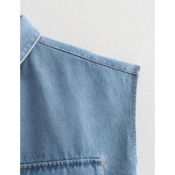 Women's Cropped Denim Shirt Cotton Polyester Sleeveless Summer Casual - Picture 5 of 7